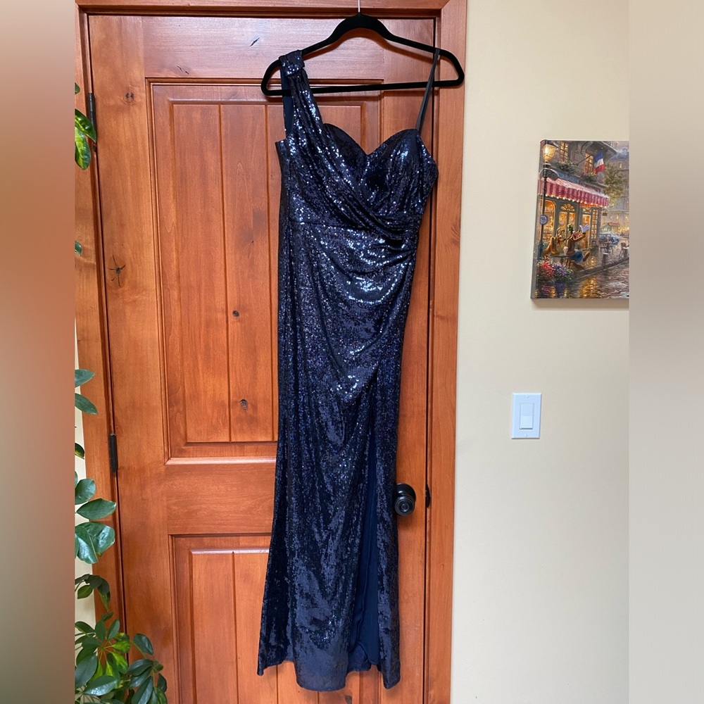 Size 6 Xscape (Macys) navy, one shoulder, sequins gown, full length leg slit